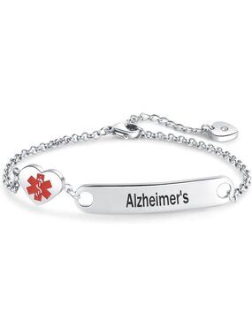 Women's Alzheimer's Heart Medical Alert Stainless Steel Chain Bracelet